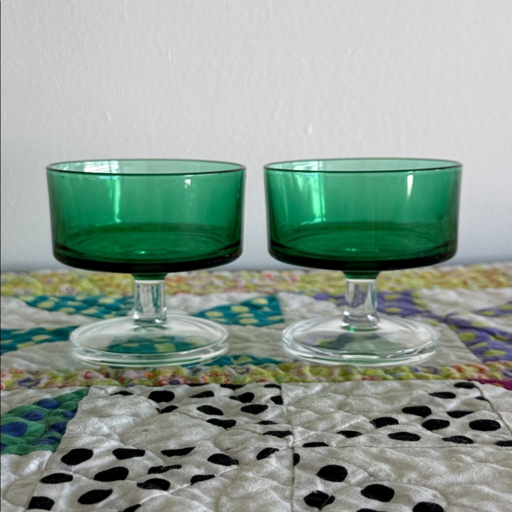 Vintage Luminarc France Cavalier Green Glass Sherbet Dessert Dishes Set of 2
